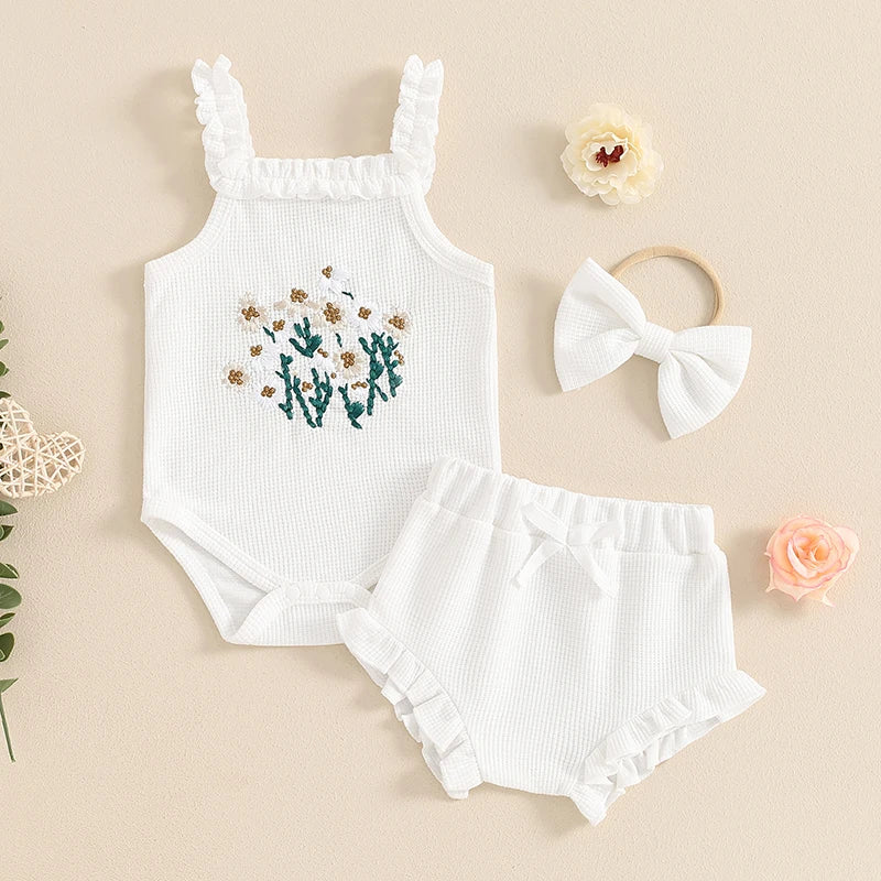 Baby Girl 3Pcs Summer Outfit Waffle Flower Embroidered Sleeveless Romper Ruffles Tank Top Shorts Headband 3Pcs Set