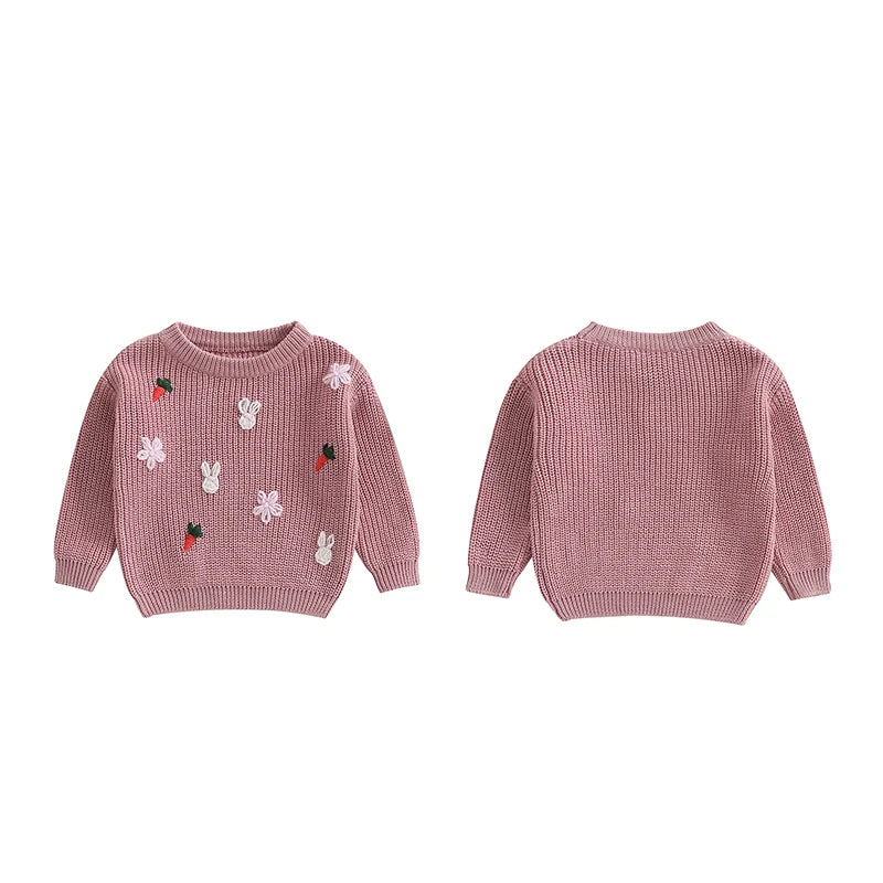 Baby Toddler Girls Knit Easter Sweater Long Sleeve O Neck Bunny Rabbit Carrot Embroidery Pullover Knitwear Top