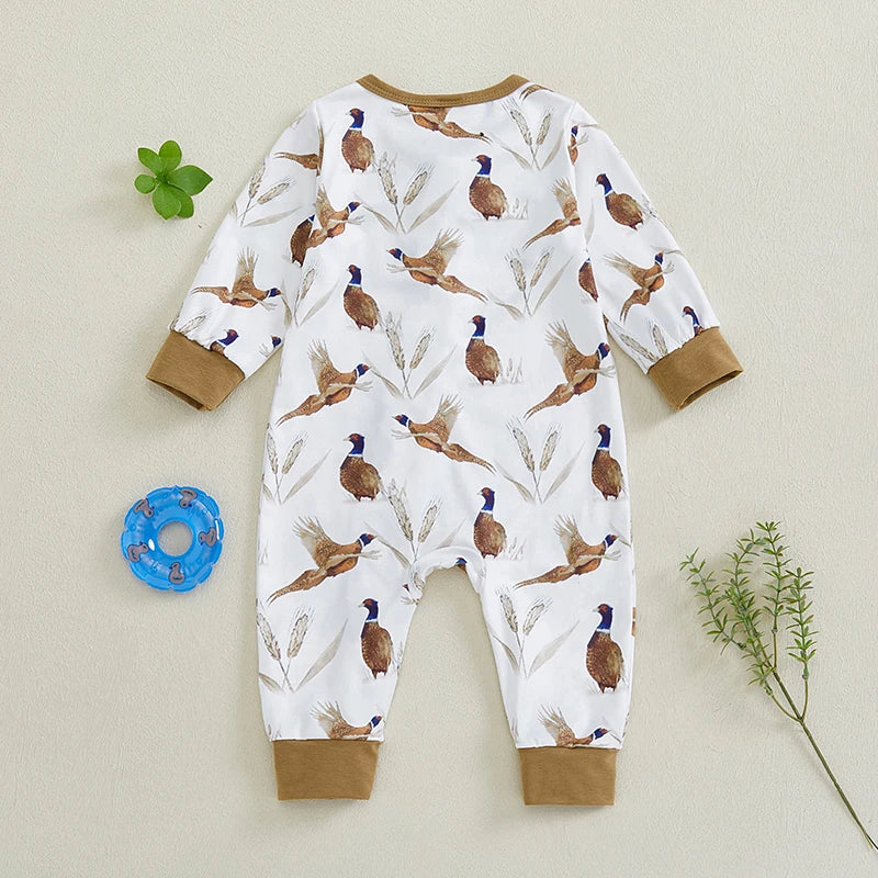 Baby Boys Girls Romper Soft Bird Wheat Ear Pattern Zipper Long Sleeve Crew Neck Jumpsuit