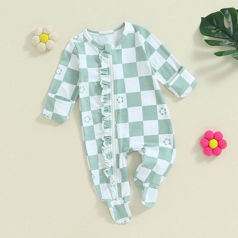 Baby Girls Footie Long Sleeve Crew Neck Zip Closure Checker Flower Print Fall Jumpsuit Zipper Romper