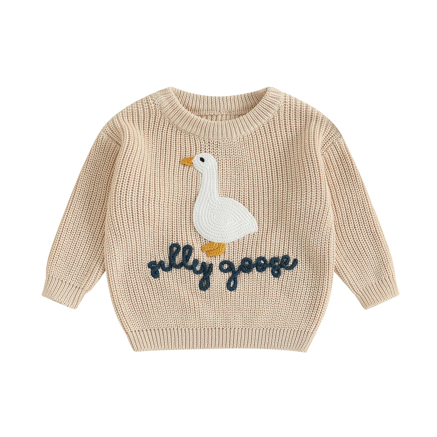 Baby Toddler Boys Girls Silly Goose Sweater Animal Letter Embroidered Crewneck Long Sleeve Pullover Knit Top