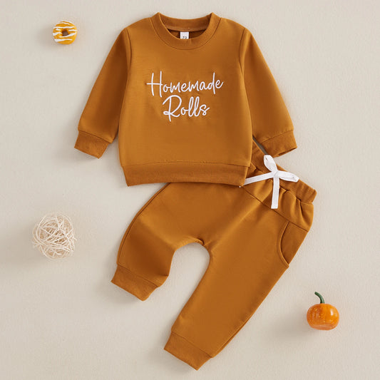 Baby Toddler Girl Boy 2Pcs Homemade Rolls Fall Thanksgiving Outfit Letter Embroidery Long Sleeve Top with Solid Pants Jogger Set