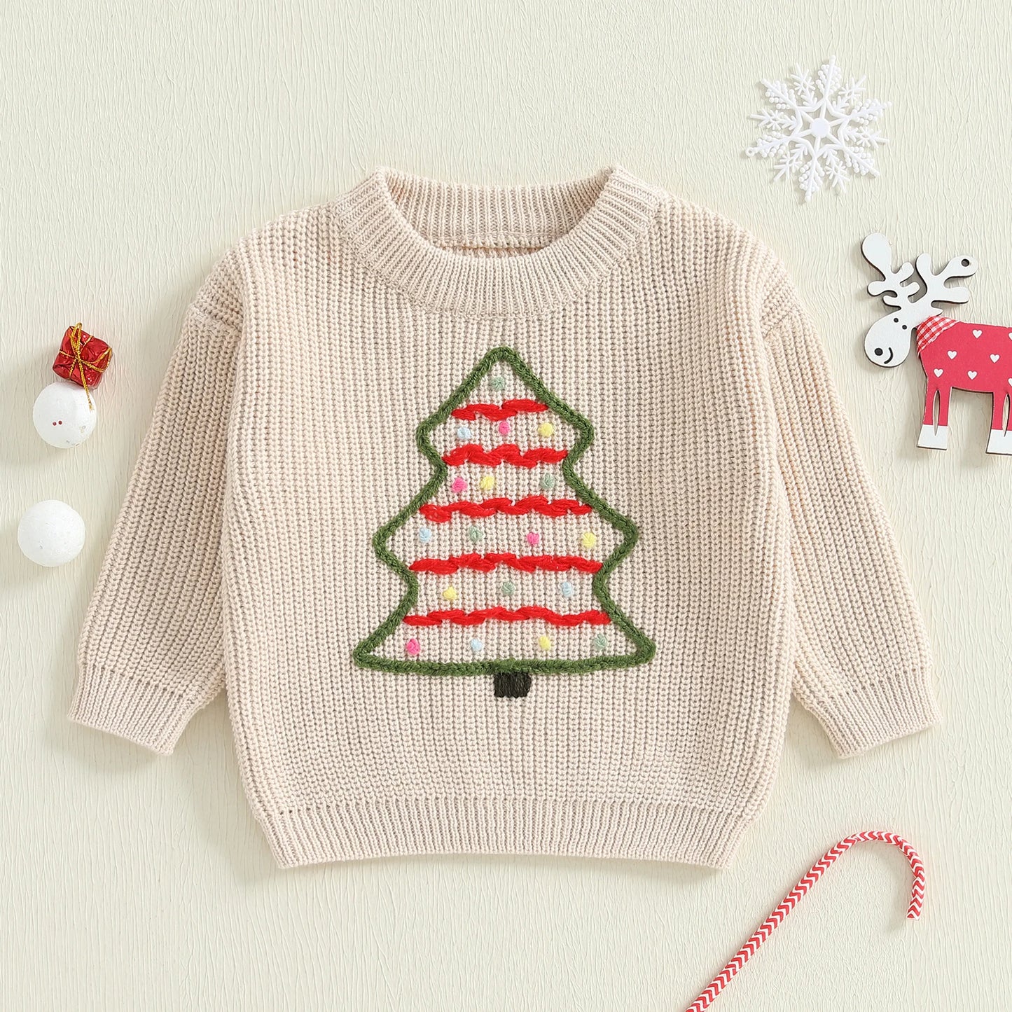 Baby Toddler Boys Girls Christmas Sweater Christmas Tree Embroidered Ribbed Long Sleeve Knitted Top for Winter