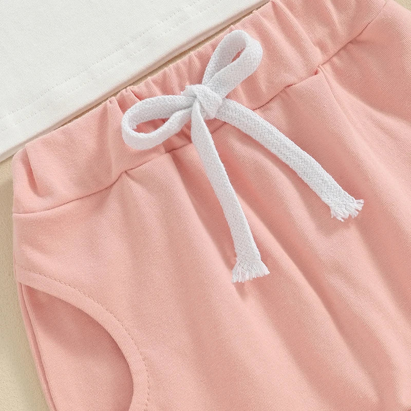 Toddler Baby Girls 2Pcs Daddy's Girl Spring Summer Set Fuzzy Letter Embroidery Short Sleeve Top Drawstring Shorts Outfit