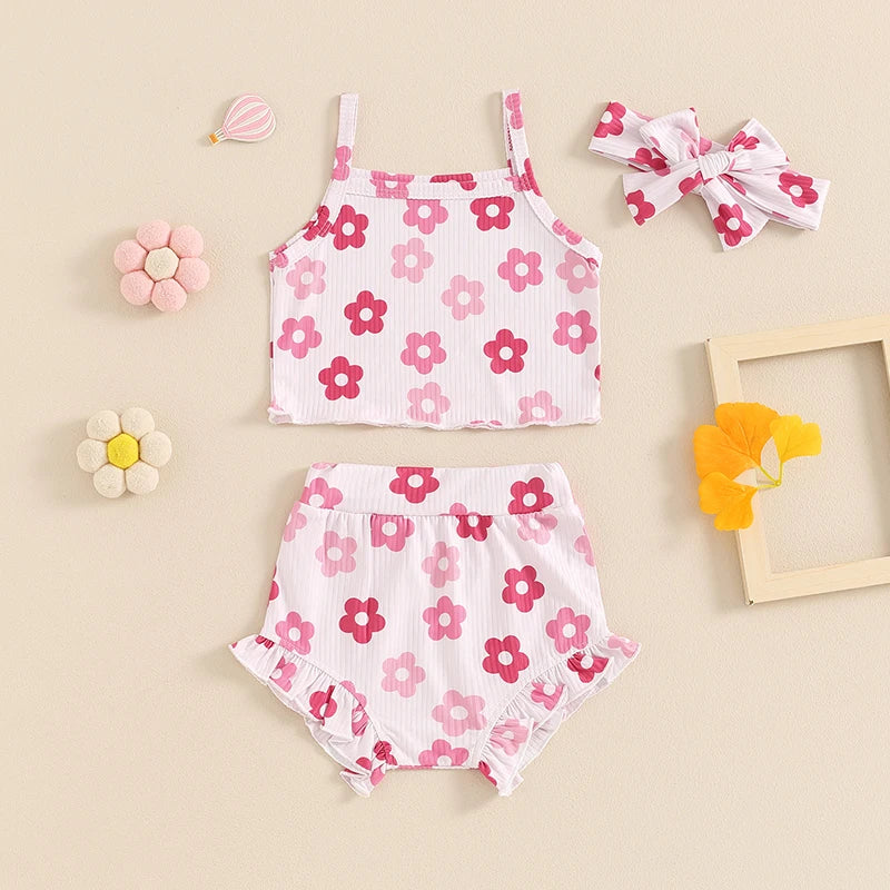 Baby Girls 3Pcs Outfit Floral Sleeveless Camisole Tank Top and Elastic Ruffle Shorts Headband Set Clothes