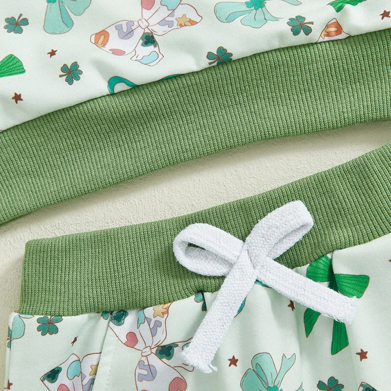 Baby Toddler Girls 2Pcs St. Patrick's Day Outfit Long Sleeve O Neck Bow Clover Shamrock Print Top Pants Jogger Set