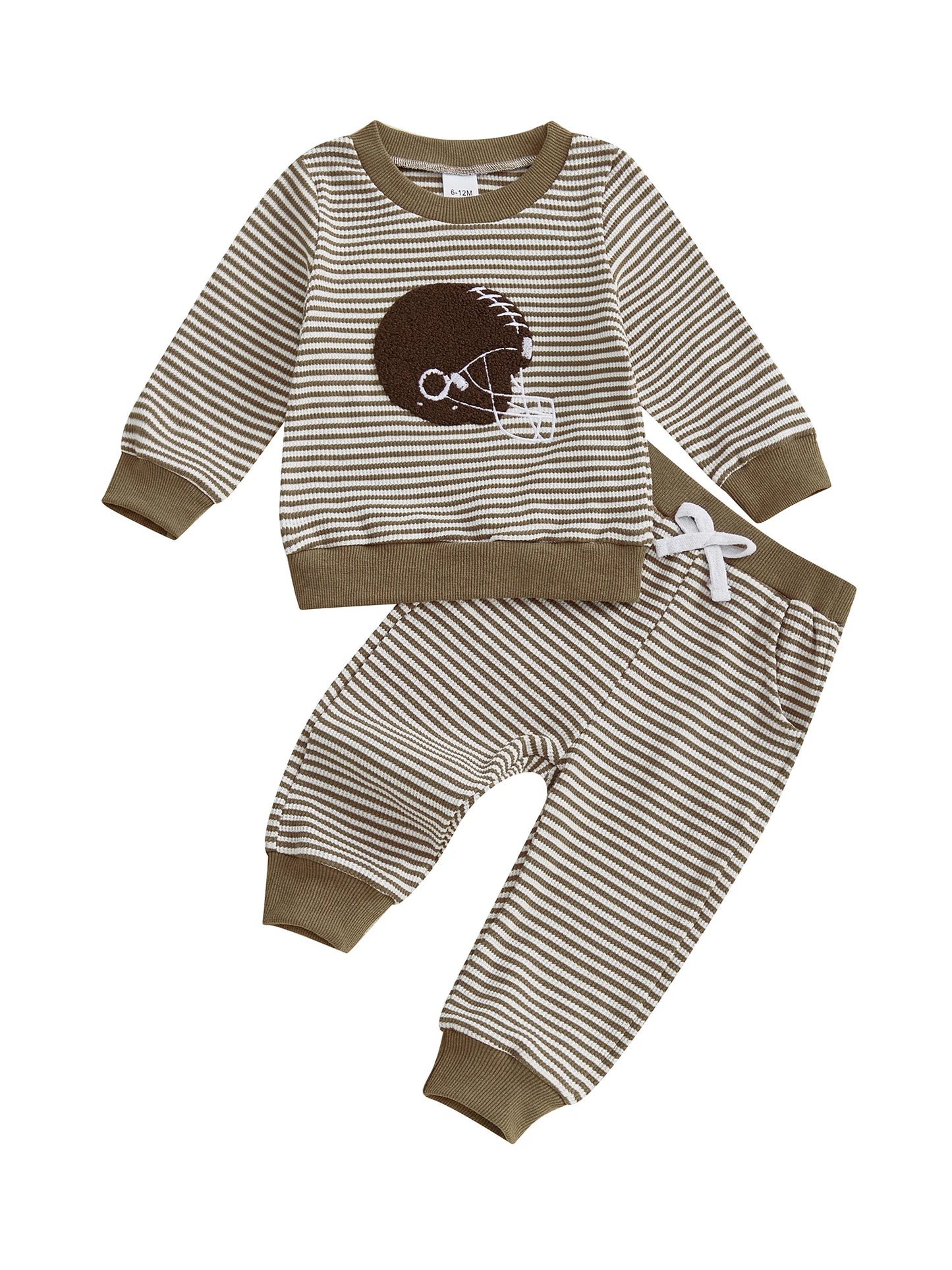 Baby Toddler Boys 2Pcs Football Helmet Outfit Striped Long Sleeve Top Elastic Waist Pants Waffle Jogger Set
