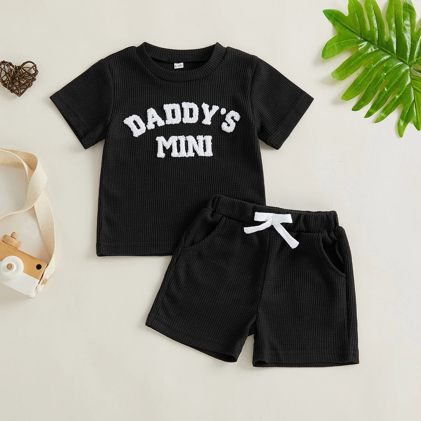 Baby Toddler Boys 2Pcs Daddy's Mini Summer 2 Piece Outfits Short Sleeve Round Neck Letter Embroidery Waffle Top and Shorts Set