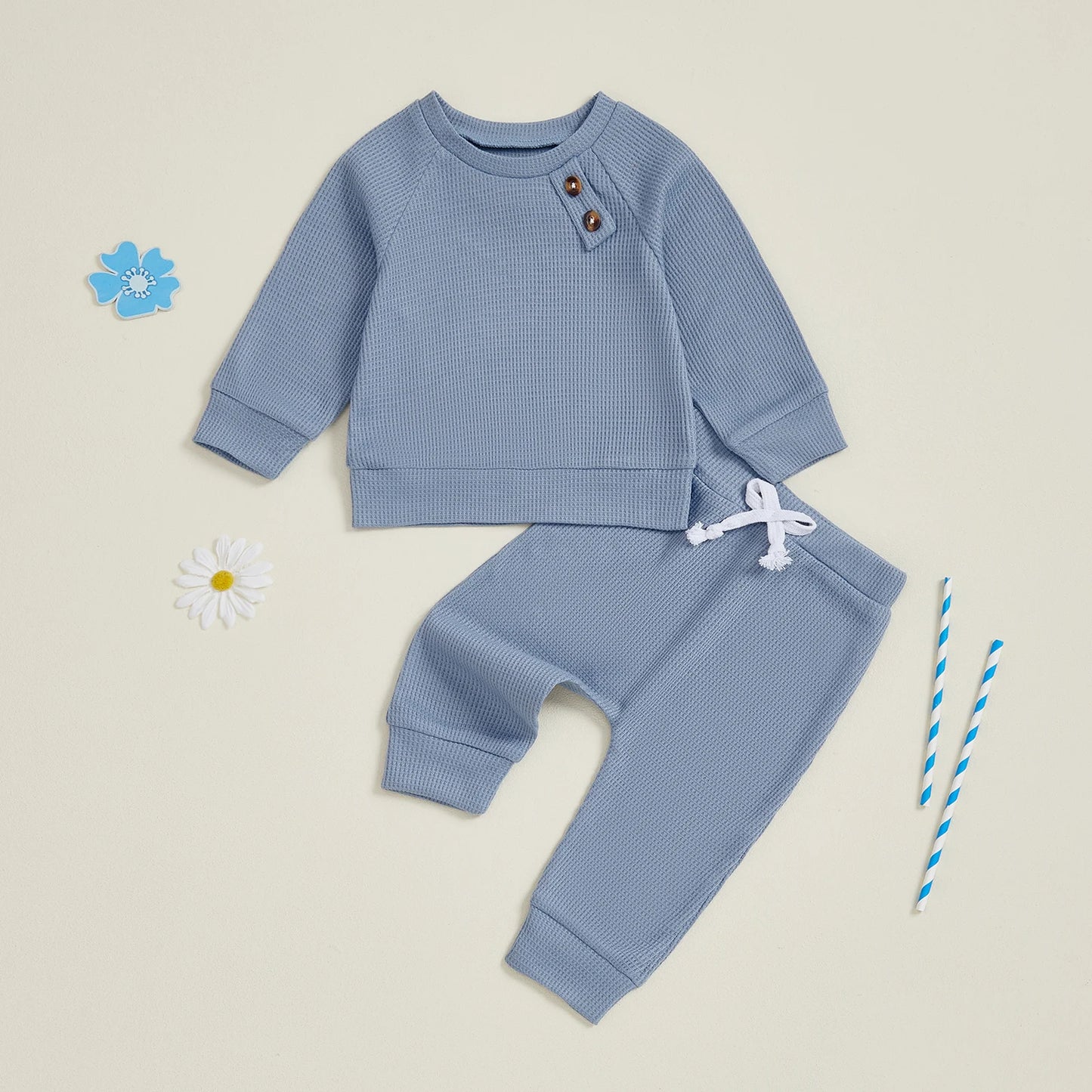 Baby Toddler Boys Winter Fall Outfit Solid Button Long Sleeve Top and Elastic Waist Pants 2Piece Waffle Set