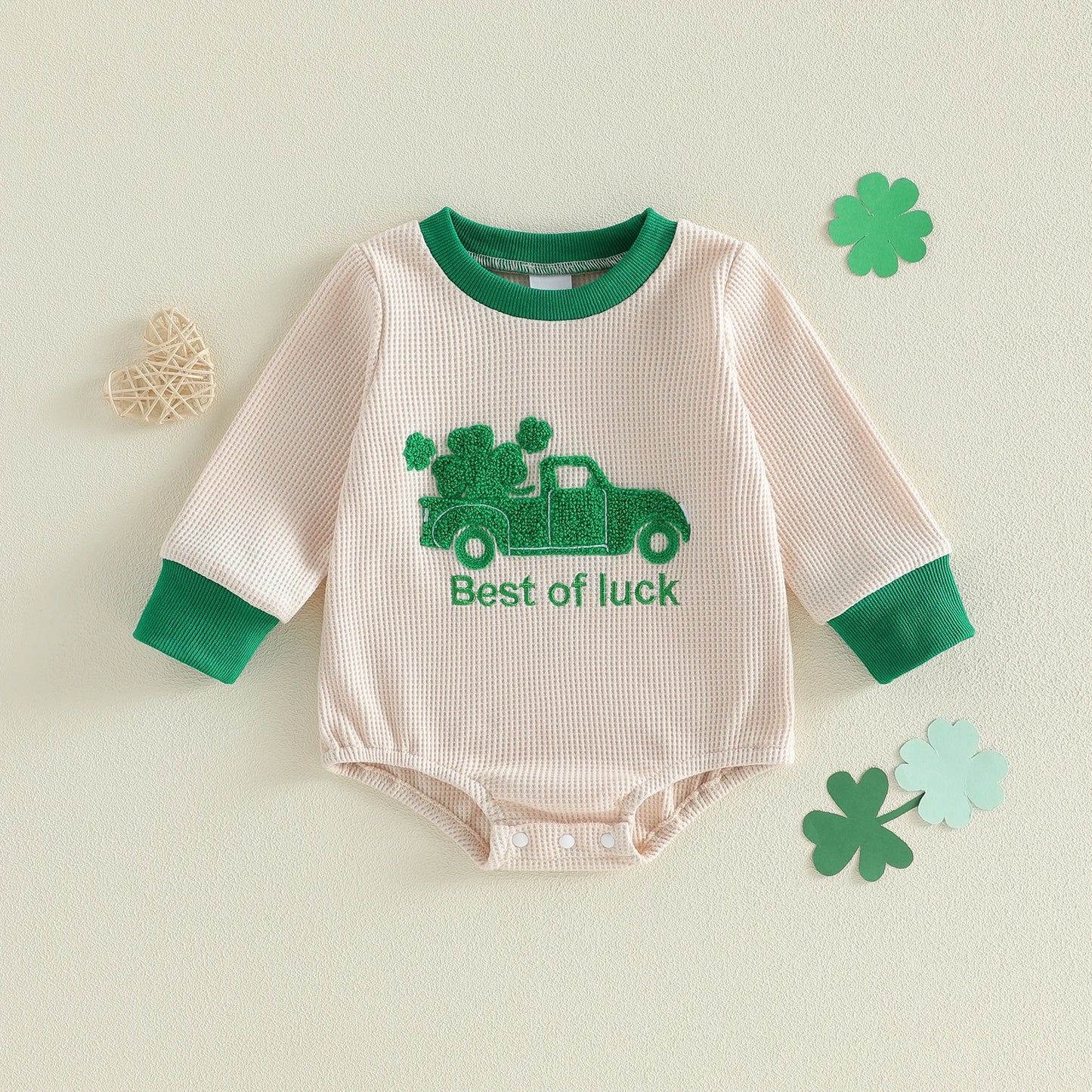 Baby Boy Romper Best of Luck Long Sleeve Round Neck Shamrock Truck Embroidery Bodysuit St. Patrick's Day Playsuit