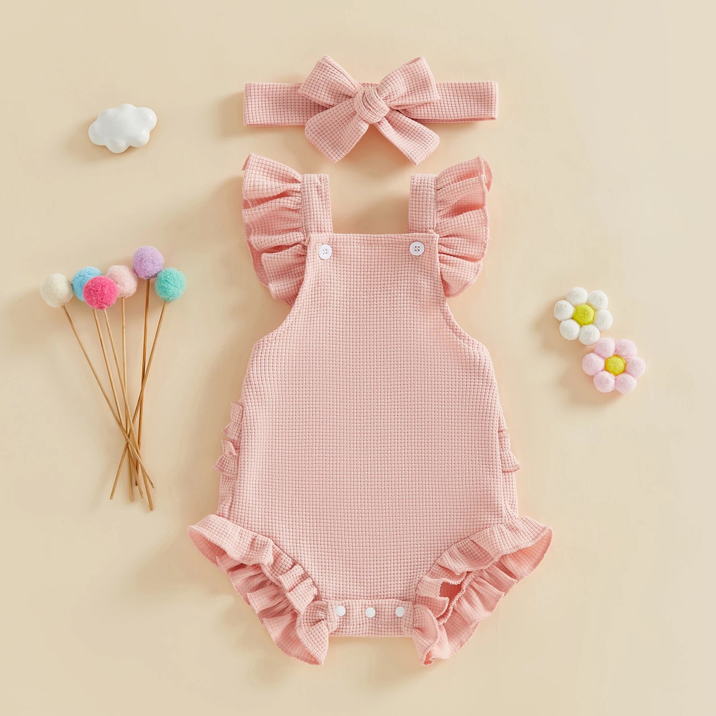 Baby Girl 2Pcs Spring Summer Outfits Ruffle Sleeveless Solid Color Romper with Headband Set