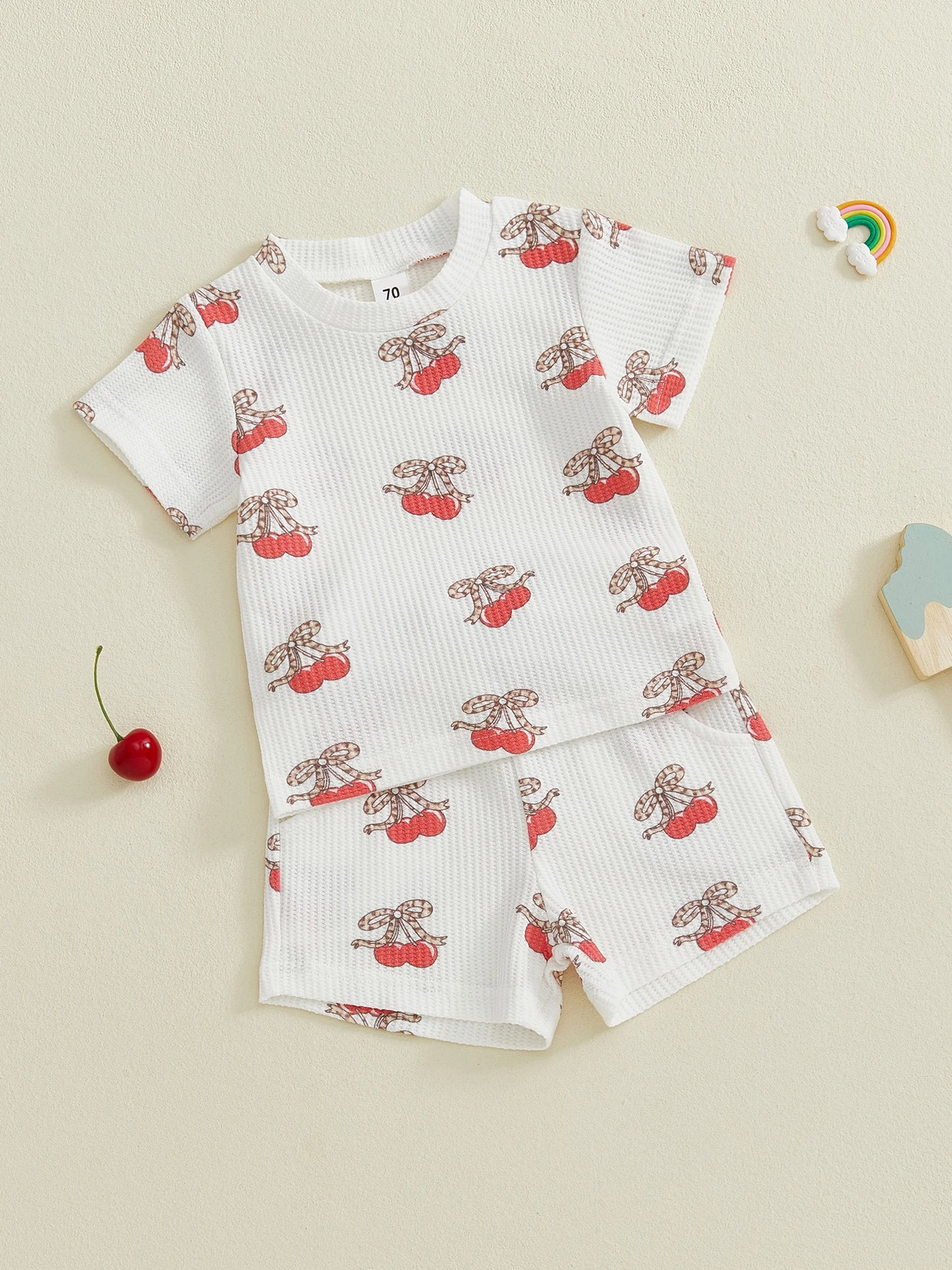Baby Toddler Girls 2Pcs Outfits Fashionable Bow Cherry Print Short Sleeve Round Neck Top and Shorts Set