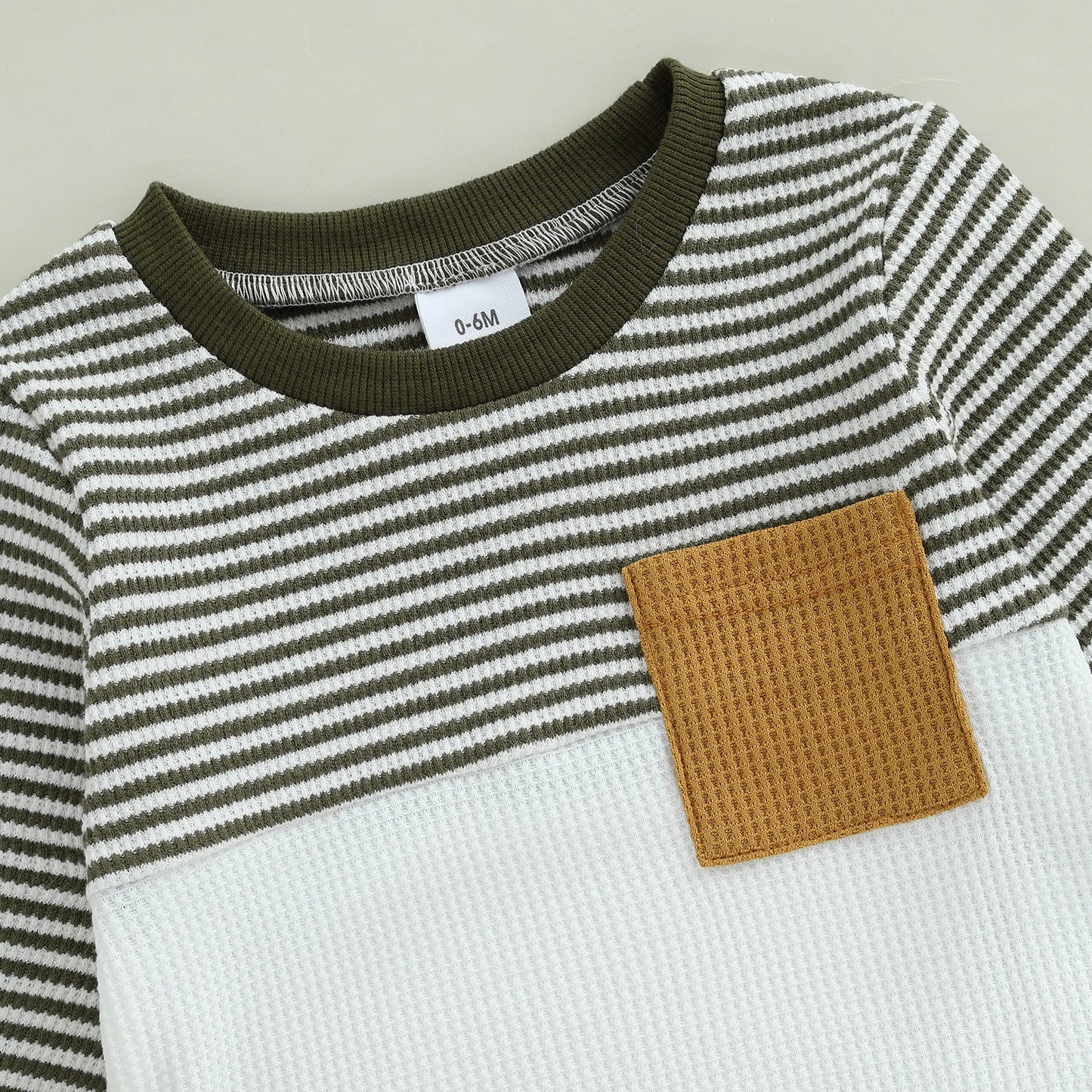 Baby Toddler Boys 2Pcs Fall Waffled Outfits Stripe Pocket Long Sleeve Round Neck Pullover + Elastic Waist Pants Jogger Set