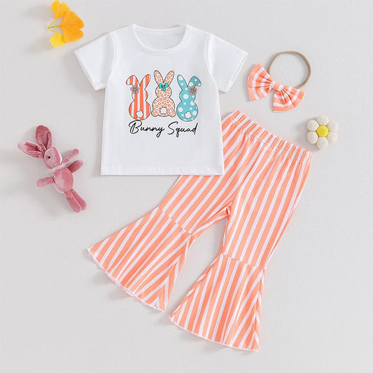 Toddler Baby Girl 3Pcs Easter Outfit Short Sleeve Bunny Squad Rabbit Print T-shirt Top Stripe Flare Pants Bell Bottoms with Bow Headband Set