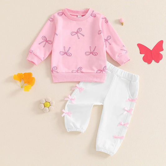 Baby Toddler Girls 2Pcs Fall Outfit Bow Print Print Long Sleeve Top and Elastic Pants Outfit Set