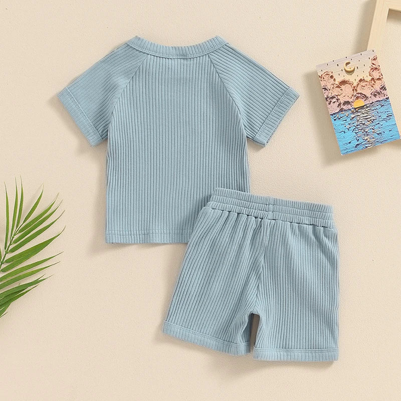 Baby Toddler Boys 2Pcs Summer Outfits Ribbed Solid Color Short Sleeve Top and Shorts Vacation Clothes Set