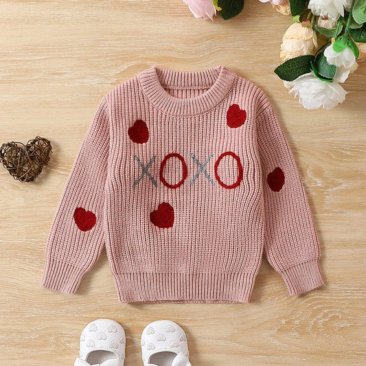 Baby Toddler Girl Valentine's Day Sweater Heart XOXO Embroidery Oversized Knitted Crewneck Pullover Top