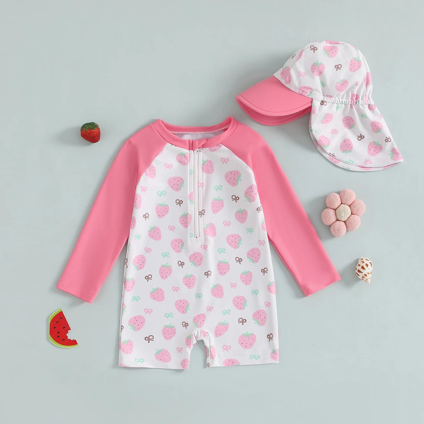 Baby Toddler Girls 2Pcs Swimwear Long Sleeve Floral/Bow/Strawberry Print Half Zipper Rash Guard Bathing Suite with Sunhat Set