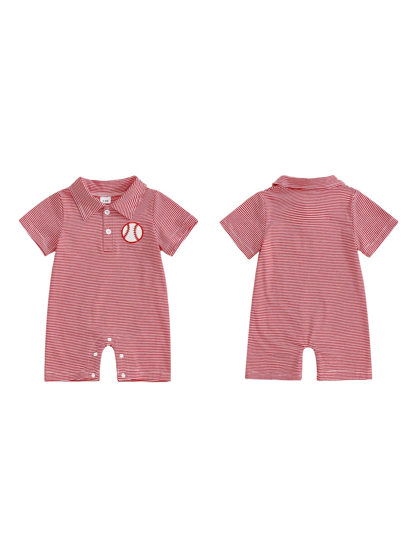 Baby Boy Romper Lapel Collar Short Sleeve Baseball Embroidery Upper Button Striped Jumpsuit