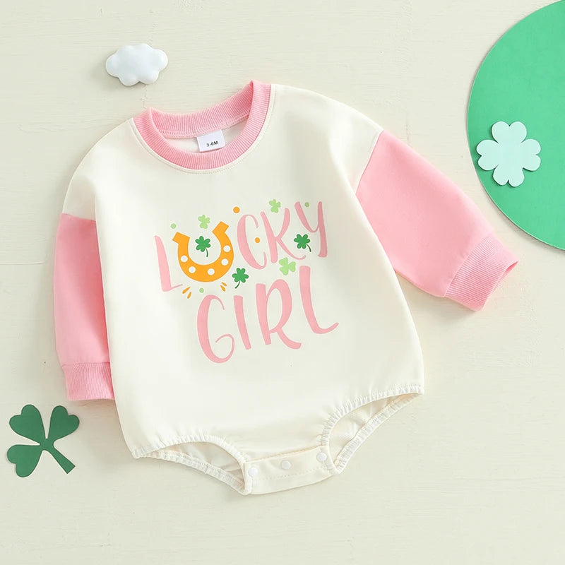 Baby Girls Lucky Girl Spring St. Patrick's Day Bubble Romper Long Sleeve Crewneck Shamrock Horseshoe Print Bodysuit