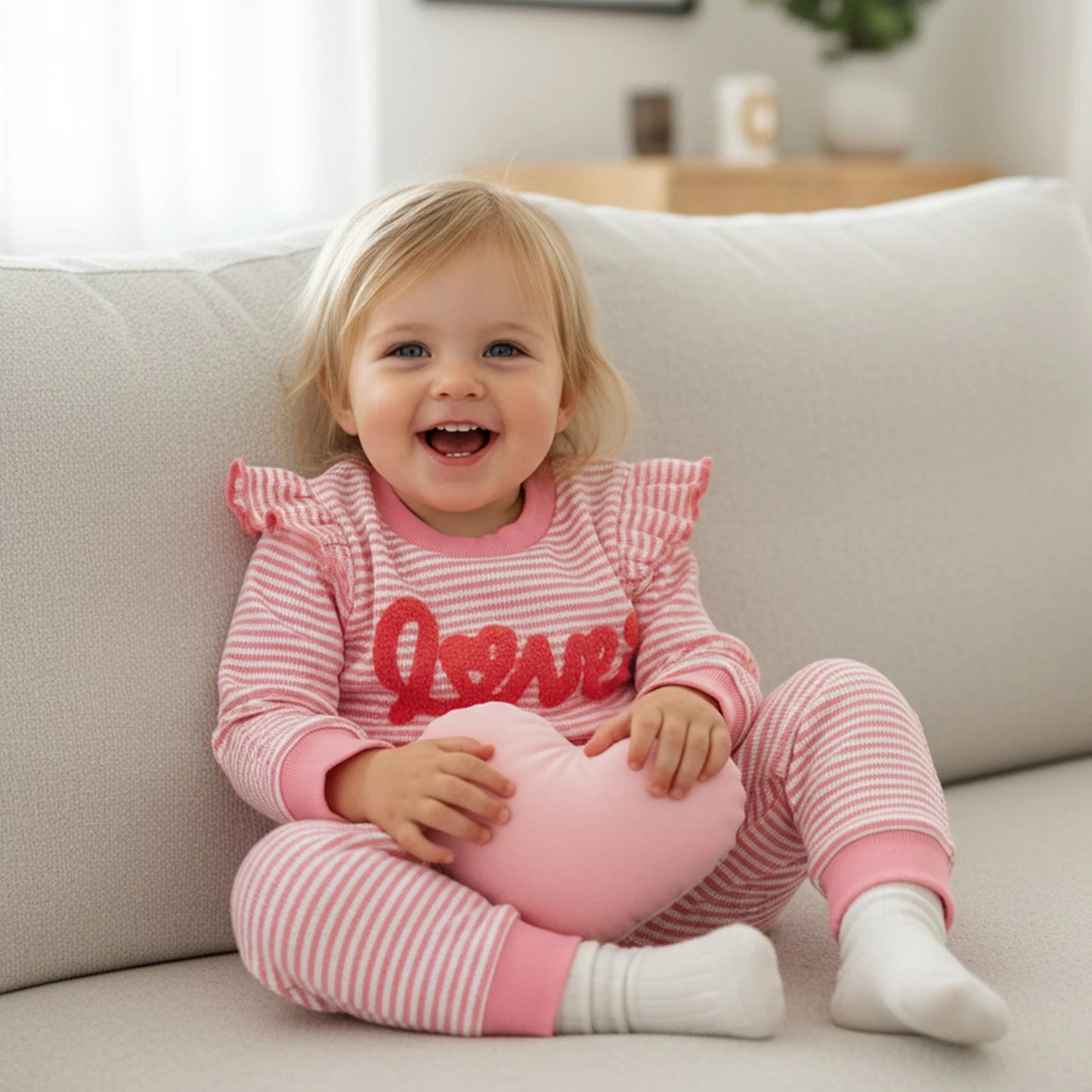 Baby Girls 2Pcs Valentine's Day Clothes Sets Letters Embroidery Love Stripe Long Sleeve Romper with Pants 2Pcs Set