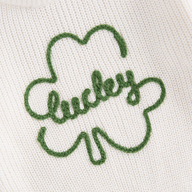 Baby Toddler Kids Boys Girls Lucky Knit Sweater Long Sleeve Round Neck Shamrock Letter Embroidery Pullover Spring St. Patrick's Day Top