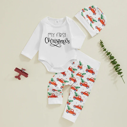 Baby Boy Girl 3Pcs My First Christmas Outfit Letter Long Sleeve Romper Elastic Waist Tree Truck Print Pants Hat Set