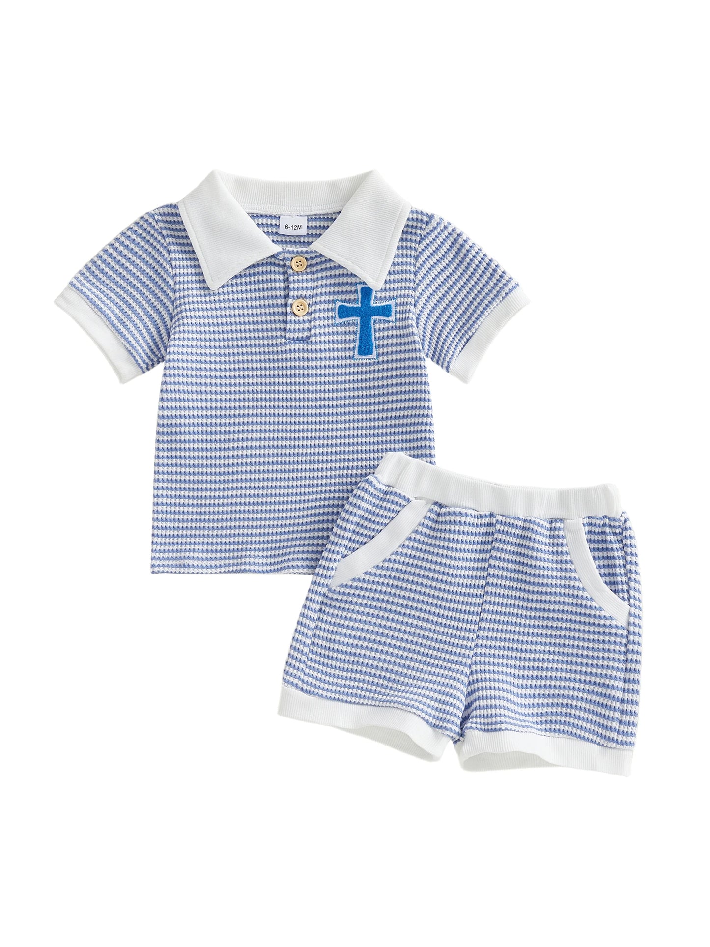 Baby Toddler Boys 2Pcs Easter Outfit Fashionable Striped Short Sleeve Carrot Cross Embroidery Top with Shorts 2Pcs Clothing Set