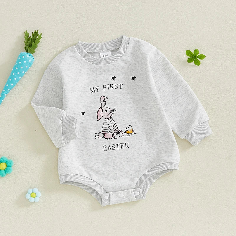 Baby Boys Girls My First 1st Easter Bubble Romper Bunny Rabbit Letter Pattern Long Sleeve Crew Neck Jumpsuit