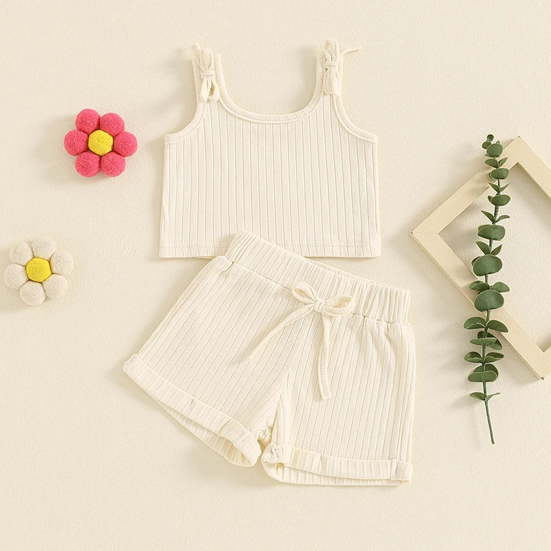 Baby Toddler Girls 2Pcs Summer Outfit Solid Color Ribbed Tank Top Tie Strap Shorts Clothes Matching Set