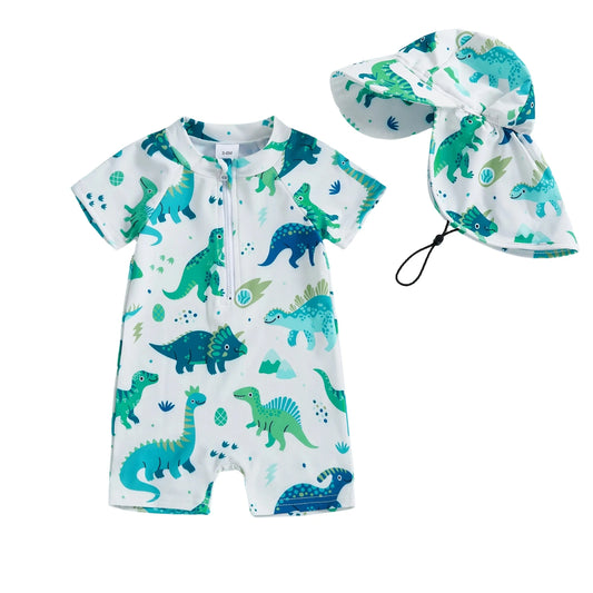 Toddler Kids Boys 2Pcs Swimsuit Set Dinosaur Print Crew Neck Short Sleeve Upper Zipper Rash Guard Swimwear and Sun Hat