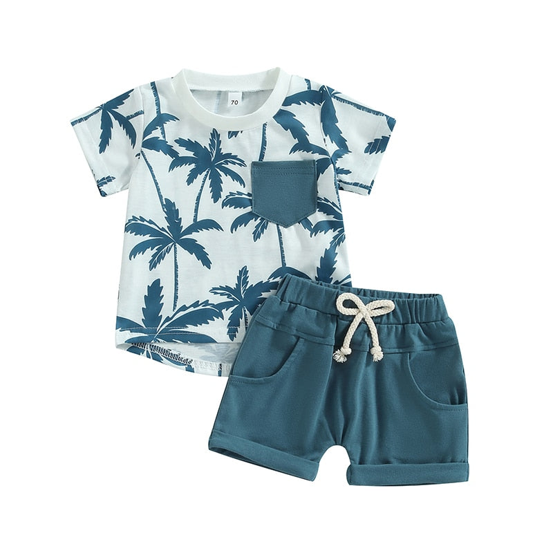 Toddler Baby Boy 2Pcs Palm Tree Print Short Sleeve Crew Neck T-Shirts Shorts Outfit