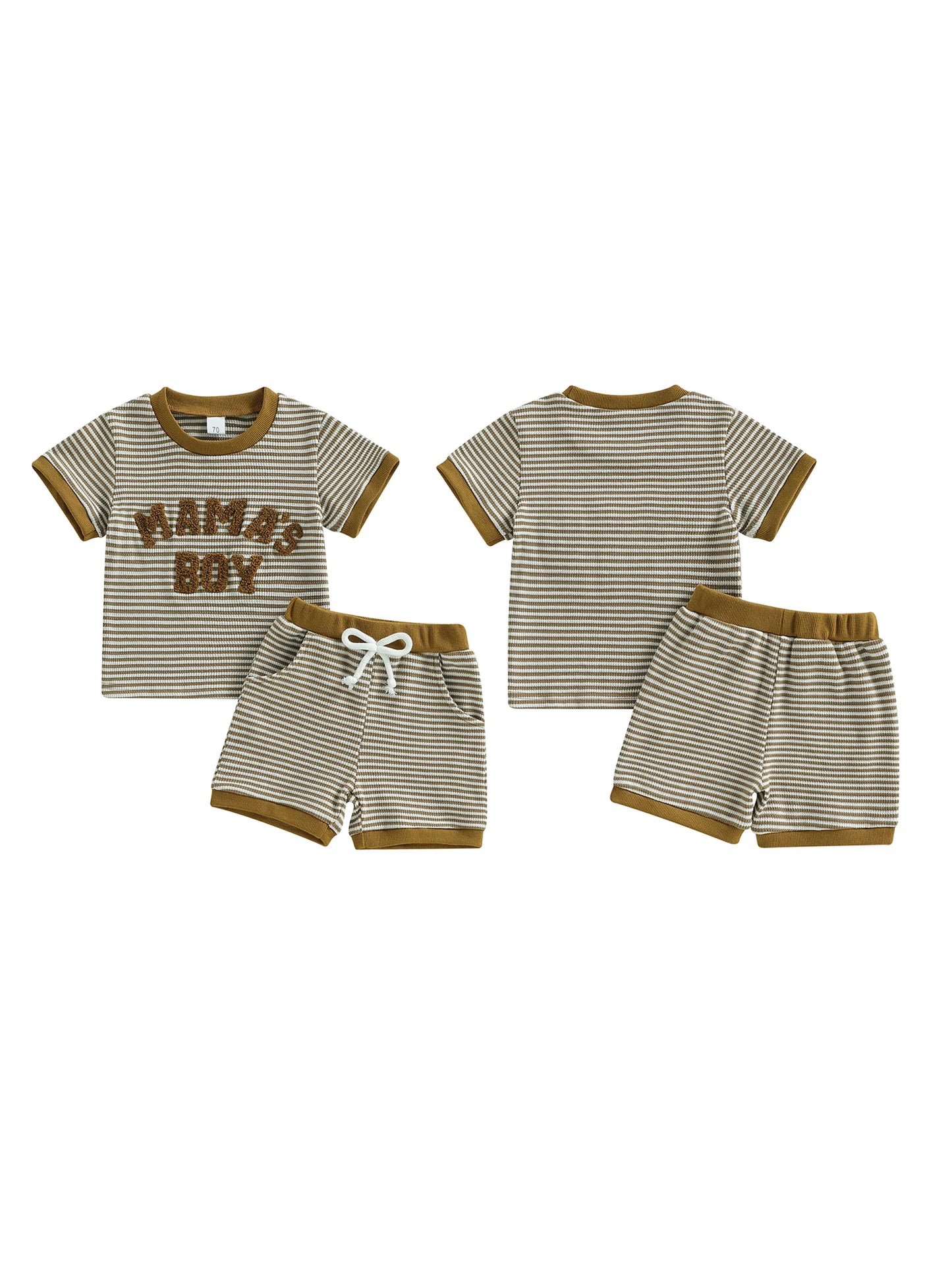 Baby Toddler Boys 2Pcs Mama's Boy Outfit Summer Short Sleeve Round Neck Letter Embroidery Striped Top and Shorts Set