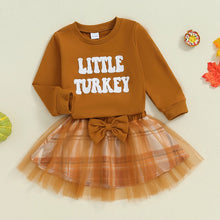 Load image into Gallery viewer, Baby Toddler Girls 2Pcs Little Turkey Autumn Outfit Long Sleeve Letter Embroidery Pullover Top with Plaid Tulle Tutu Skirt Set
