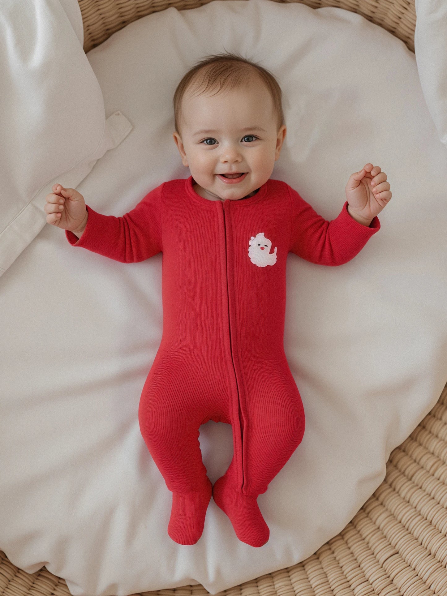 Baby Boys Girls Christmas Footies Long Sleeve Crew Neck Zip-up Embroidery Santa Claus Winter Jumpsuit Zipper Romper