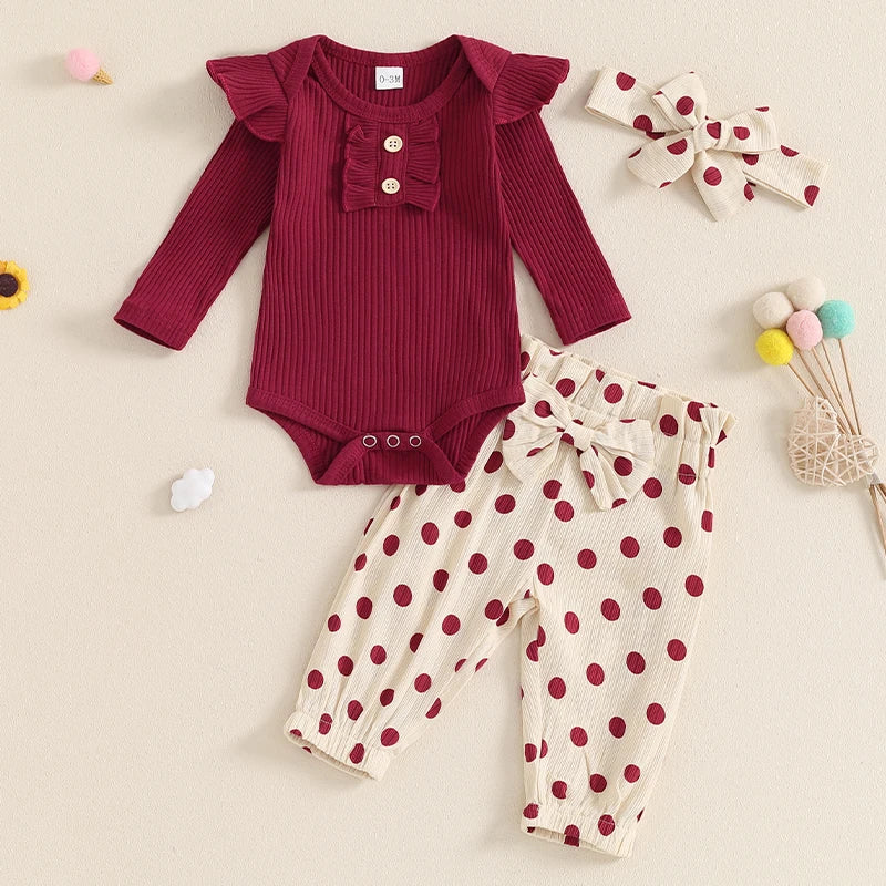 Baby Girls 3Pcs Fall Outfit Solid Color Crew Neck Long Sleeve Romper Polka Dot Print Long Pants Headband Set