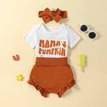 Load image into Gallery viewer, Baby Girls 3Pcs Halloween Shorts Sets White Letter Print Mama Pumpkin Romper Ruffle Shorts Headband Bow
