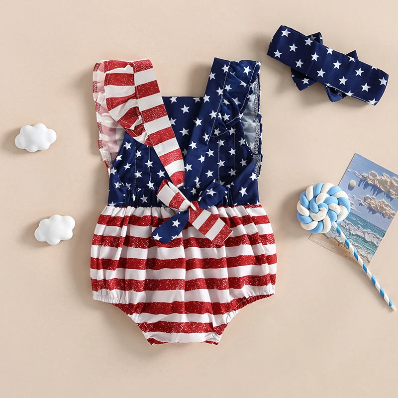 Baby Girl 2Pcs 4th of July Outfit Sleeveless Backless Ruffle Romper USA Flag with Headband Set