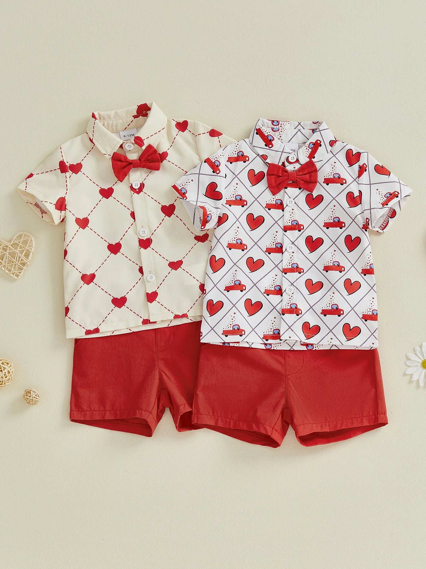 Baby Toddler Boys 2Pcs Valentine's Day Outfit Heart Short Sleeve Bowtie Shirt and Solid Shorts 2 Piece Set
