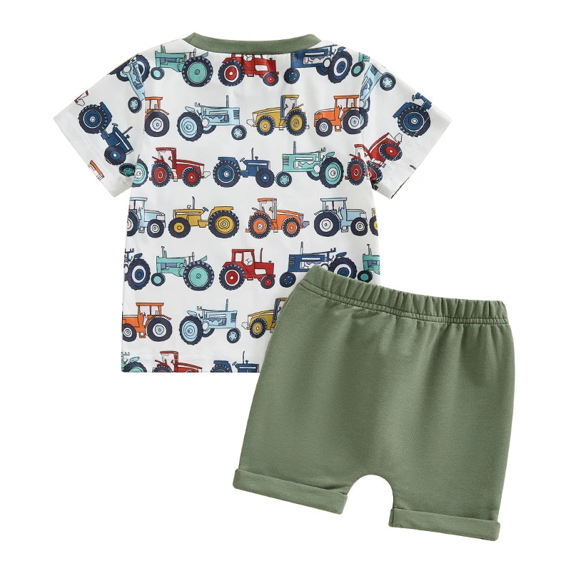 Toddler Baby Boys 2Pcs Short Sleeve Tractors Print Top and Drawstring Shorts Set