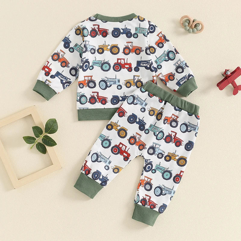 Baby Toddler Boys 2Pcs Farm Outfit Long Sleeve Tractor Print Pocket Top + Pants Set