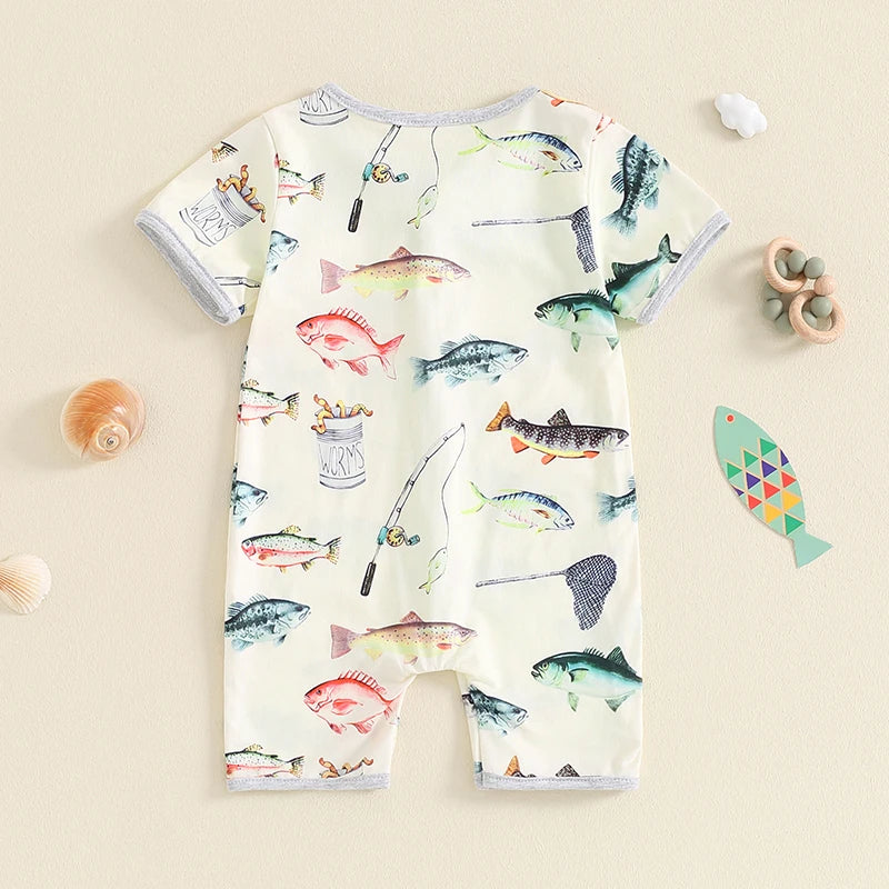 Baby Toddler Boy Girl Summer Romper Fish Print Short Sleeves Round Neck Front Zipper Jumpsuit