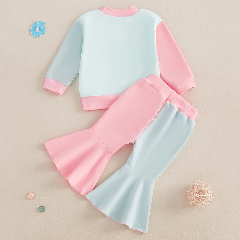 Baby Toddler Girls 2Pcs Fall Set Long Sleeve Crewneck Contrast Color Top Flared Pants Set Outfit