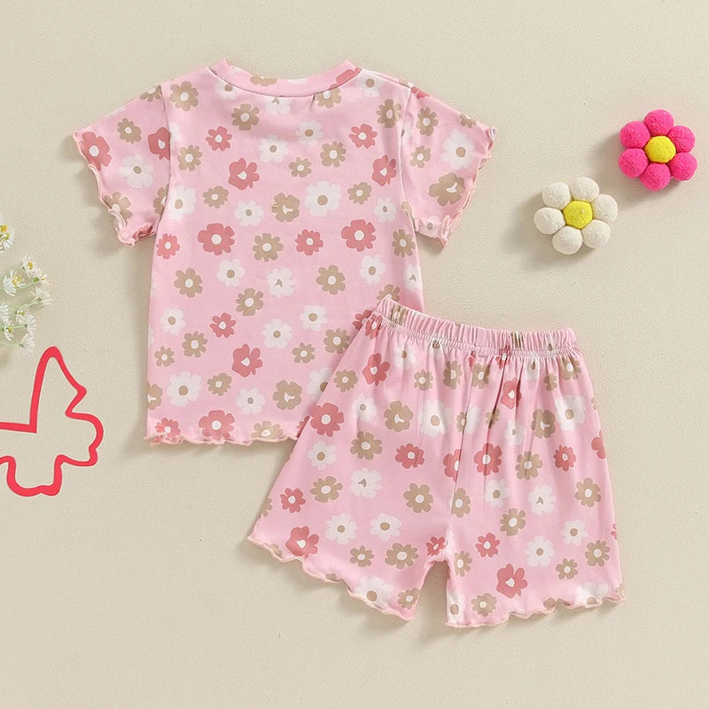 Baby Toddler Girls 2Pcs Flowers Short Sleeve O Neck Floral Print Top Matching Shorts Set Outfit