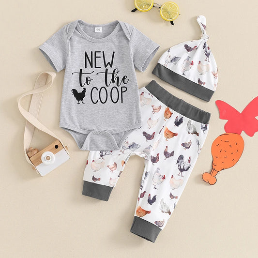 Baby Boys 3Pcs Outfit New To The Coop Letter Chicken Print Short Sleeve Romper Rooster Hen Print Long Pants Hat Clothes Set