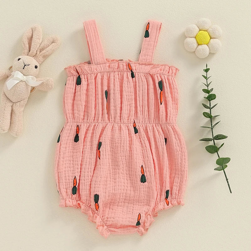 Baby Girl Summer Romper Cute Flower Carrot Cherries Print Sleeveless Tank Top Bow Front Bodysuit