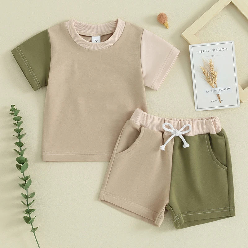 Toddler Baby Boy Girl 2Pcs Outfit Short Sleeve Contrast Color Top Elastic Waist Shorts Set Neutral Spring Summer Clothes