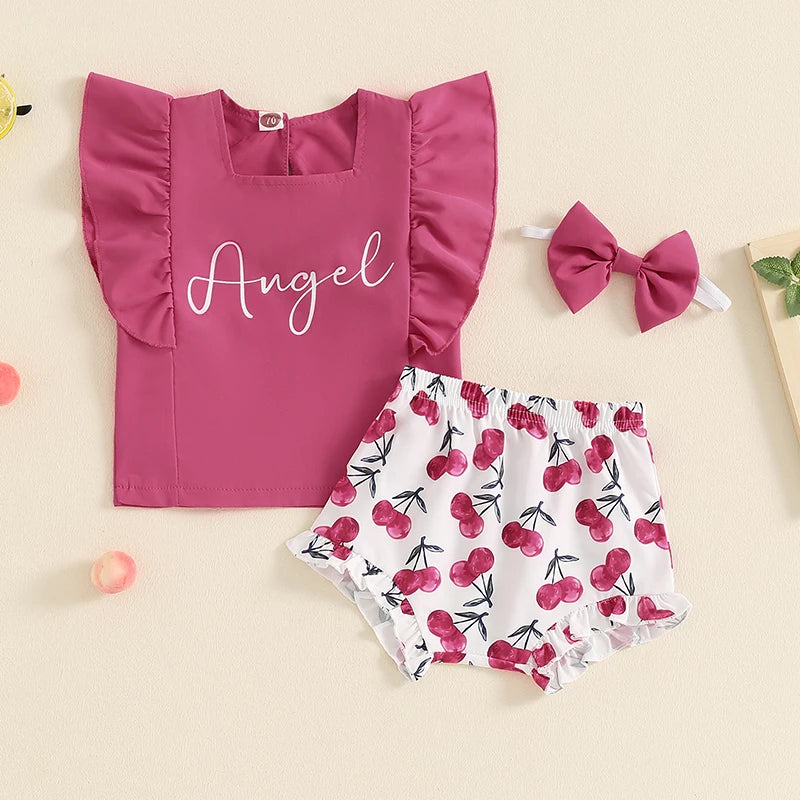 Baby Toddler Girls 3Pcs Angel Summer Outfit Letter Print Ruffles Sleeveless Tank Top with Lemon/Cherry Print Shorts Bloomers and Bow Headband Set