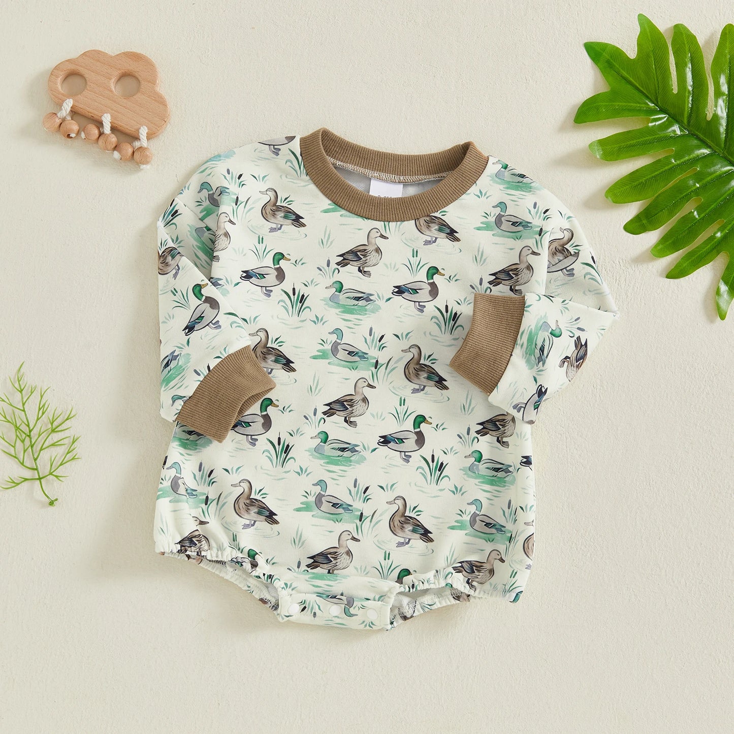 Baby Girls Boys Fall Romper Duck Print Long Sleeve Round Neck Bubble Jumpsuit