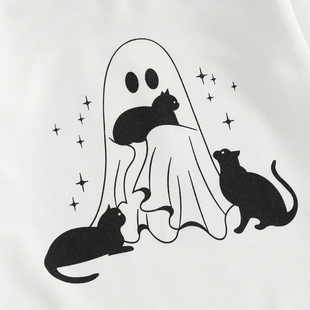 Baby Boys Girls Halloween Bubble Romper Long Sleeve Round Neck Black Cat Ghost Print Romper Fall Playsuit